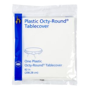 Plastic Tablecover, Round, White, 82″ | Packaged